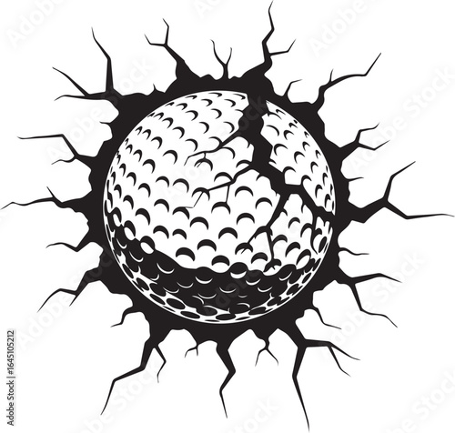 Cracked Golf Ball Explosion Black and White Vector Graphic