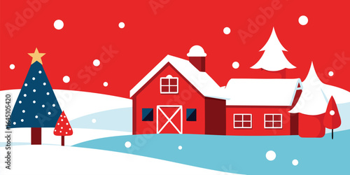 snow covered farm with red barn decorated for chri
