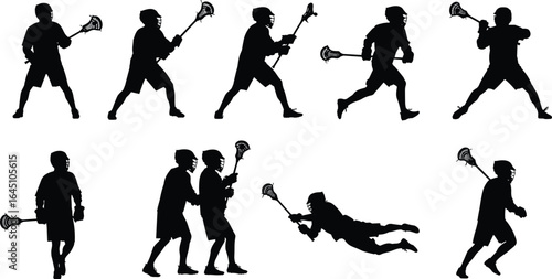 Silhouette of lacrosse players in action, running, shooting, passing, catching, team sport competition, athletic training, stick handling, ball game illustration