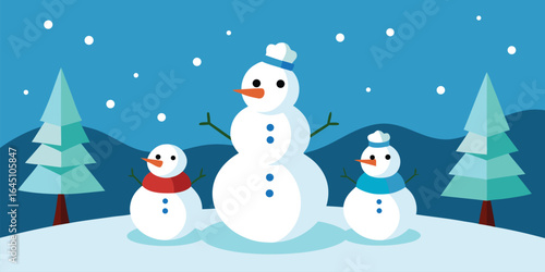 snowman family in a snowy field with christmas tre