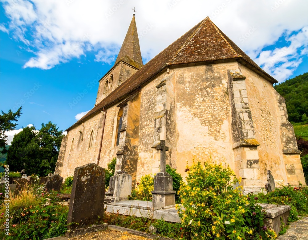 Fototapeta premium Aged church with graveyard under a partly cloudy sky