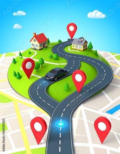 Winding road on a map connects houses, marked by location pins; a car travels the route