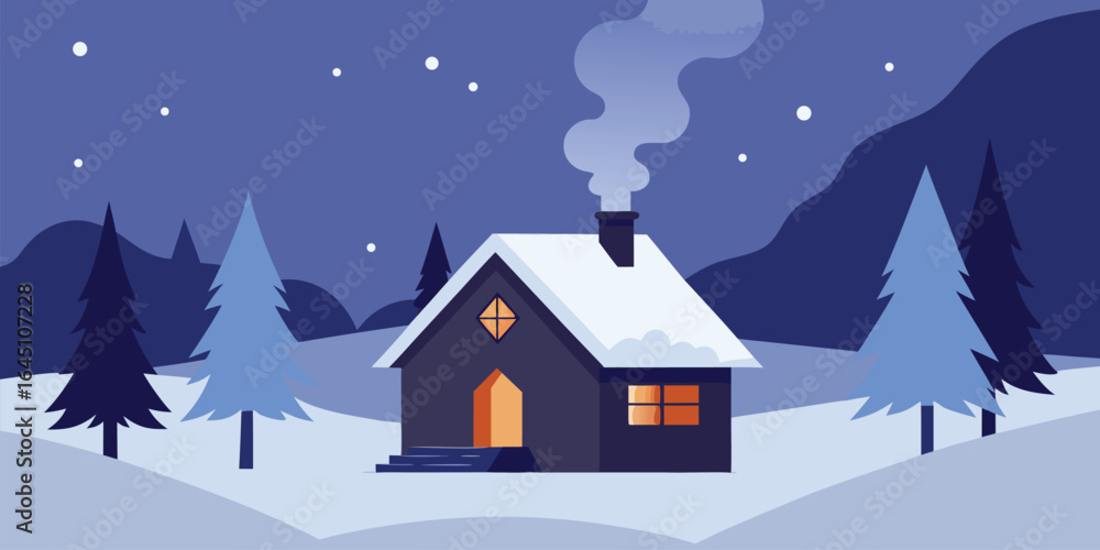 Naklejka premium snowy forest cabin with chimney smoke and lights