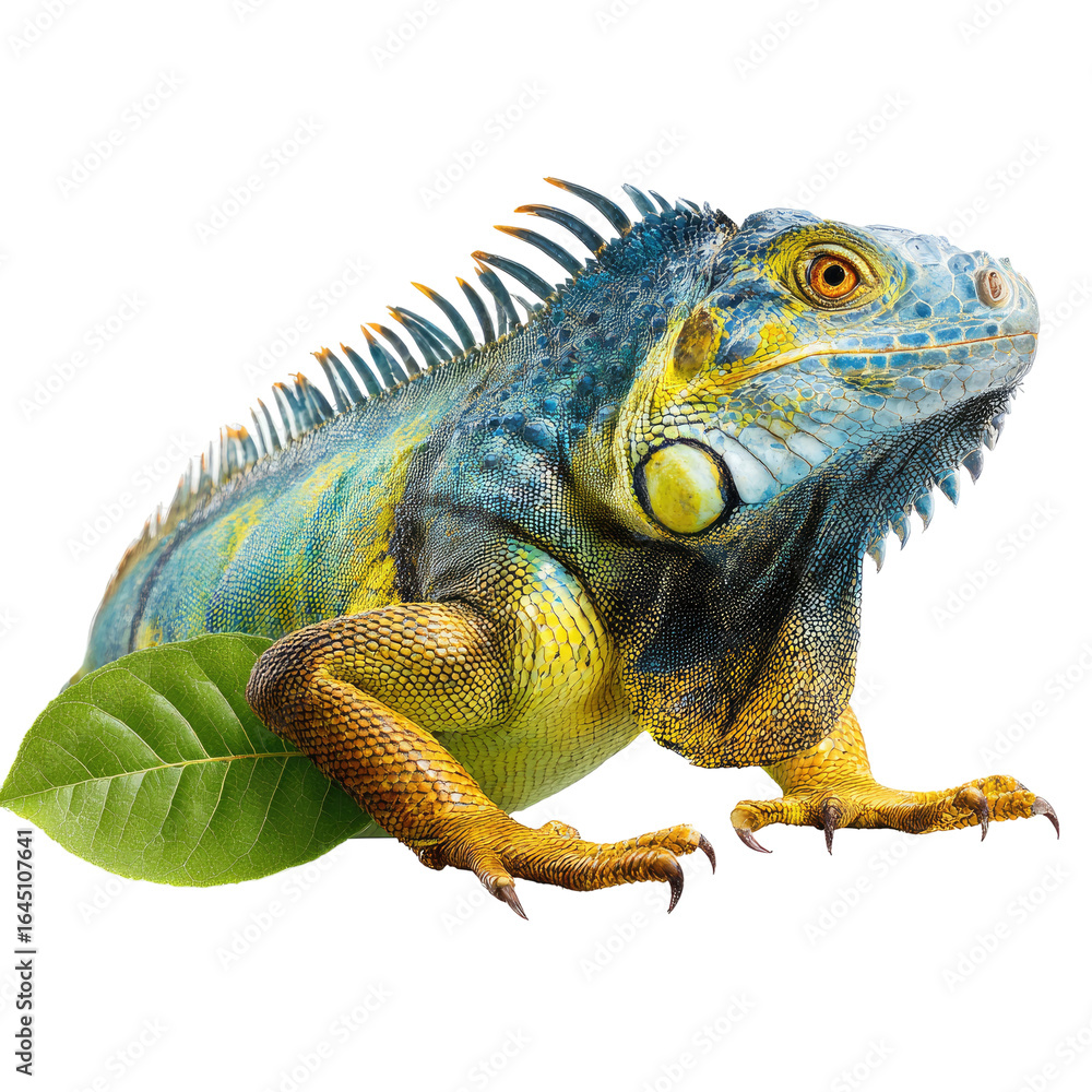 Naklejka premium Colorful iguana portrait, tropical leaf, black background, zoological study