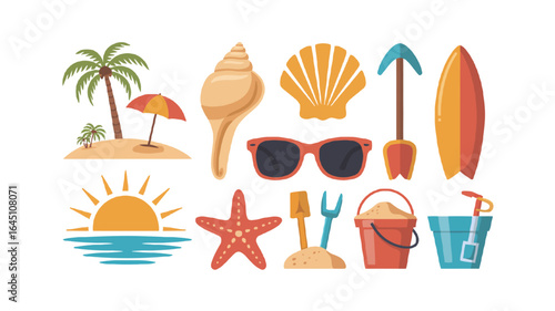 Collection of beach and summer vacation elements isolated on white background