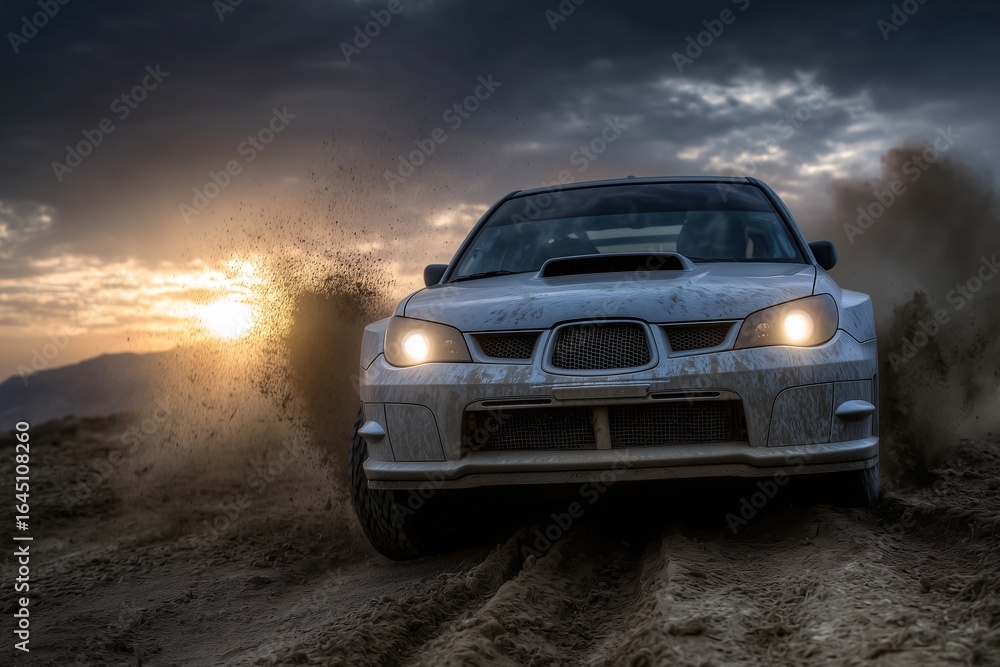 Fototapeta premium Rally car drifting through mud at sunset, Action shot of dirt-covered car in offroad race
