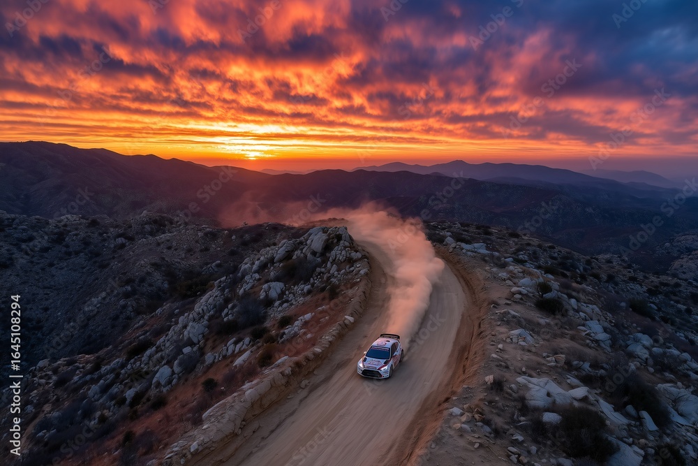 Fototapeta premium Rally car driving on rocky mountain trail at sunset, Dust trail behind vehicle on dramatic winding path