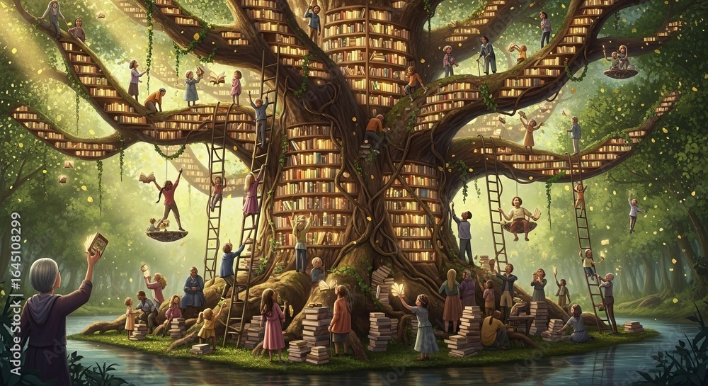 Fototapeta premium Enchanted Tree of Knowledge with People Reading and Learning
