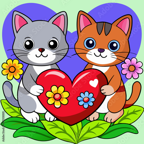 Two adorable cute cat holding a red heart, sitting on a grassy field with flowers around, in a watercolor style