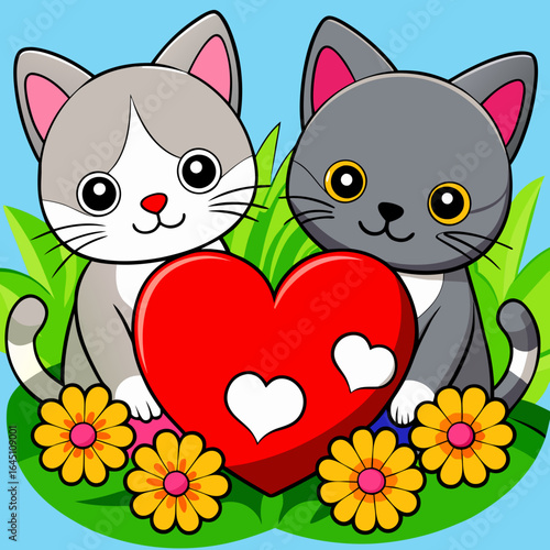 Two adorable cute cat holding a red heart, sitting on a grassy field with flowers around, in a watercolor style
