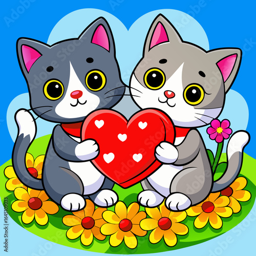 Two adorable cute cat holding a red heart, sitting on a grassy field with flowers around, in a watercolor style