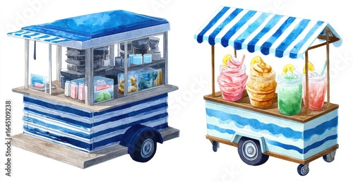 Two colorful, striped food stands on wheels, one selling snacks and drinks, the other showcasing frozen treats