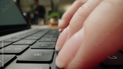 Moving close-up of womans fingers typing on laptop keyboard in modern café
