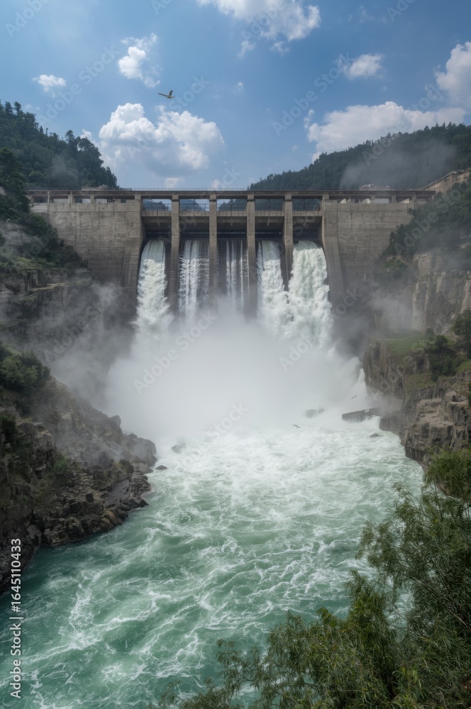 Fototapeta premium Massive concrete dam releasing powerful water cascades into a rugged canyon with lush green foliage and a bright blue sky overhead