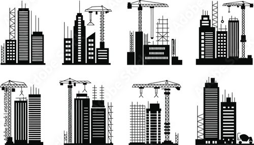 Silhouettes of construction sites with skyscrapers and cranes