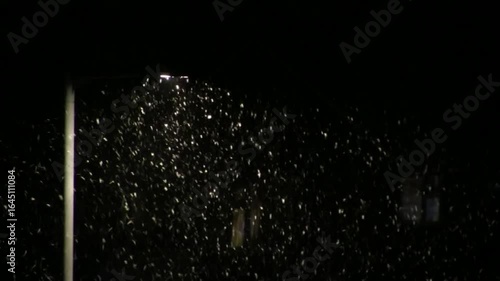 Night scene of an LED street light with heavy snow falling and blowing in a strong wind