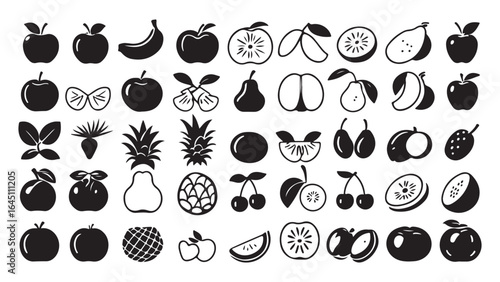 Healthy vector icons set with fresh fruits and vegetables like apples, bananas, and cherries, creating a vibrant food illustration