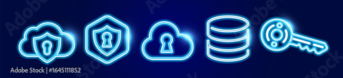 Blue neon cloud security neon icons set with lock, shield, database server, access key logo for data protect, server access, storage systems, digital encryption symbol, UI design. Vector illustration