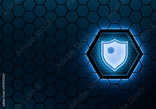 Digital Security Shield: A glowing digital shield with a magnifying glass emblem, set against a hexagonal backdrop, symbolizes robust online protection and data security.