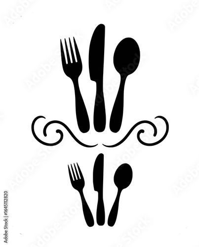 Black fork knife spoon and decorative swirls cutlery tableware