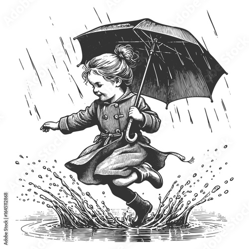 young child in raincoat and boots holding an umbrella while joyfully splashing in a puddle sketch engraving generative ai fictional character vector illustration. Scratch board. Black and white image.