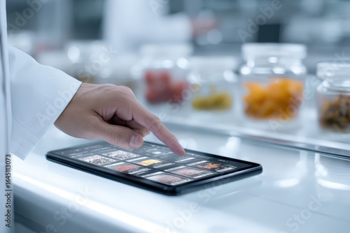 Close-up mobile device analyzing nutritional data of processed food products on smart interface in futuristic laboratory environment perfect for healthy lifestyle and quality assurance