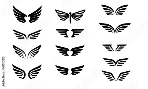 Silhouette wing icons. Bird wings, fast eagle emblem and decorative ornament angel wing stencil. Black tattoo sketch, airport logo or victory insignia. Isolated symbols vector set
