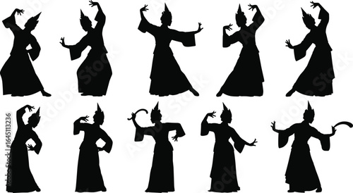 Silhouette of traditional Thai dancers, cultural performance art, elegant dance poses, classical costume, heritage celebration, Asian folk dance, graceful movement illustration