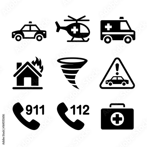 Emergency Services and Disaster Response Icons Vector Illustration Alert and Assistance with 911 and 112 Numbers Support and Rescue