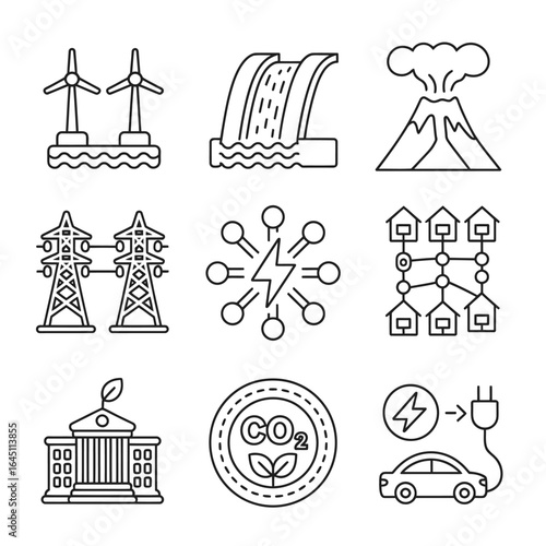 Collection of Renewable Energy and Sustainable Living Icons Representing Eco Friendly Practices for a Green Future and Environmental Protection