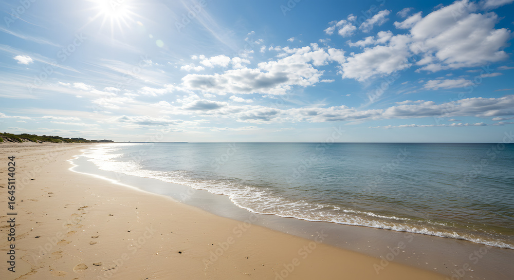 Serene Coastal View: A stunning panorama captures the tranquility of a sun-kissed beach, where gentle waves caress the shore beneath a sky dotted with fluffy clouds, inviting relaxation and escape. Serene Coastal View: A stunning panorama captures the tranquility of a sun-kissed beach, where gentle waves caress the shore beneath a sky dotted with fluffy clouds, inviting relaxation and escape.