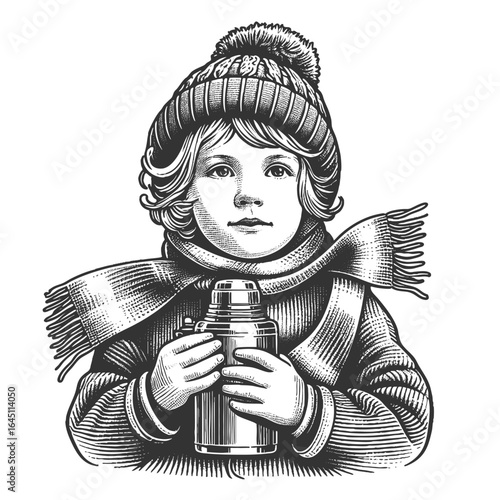 young child dressed in a beret, scarf, and coat, holding a thermos bottle sketch engraving generative ai fictional character vector illustration. Scratch board imitation. Black and white image.