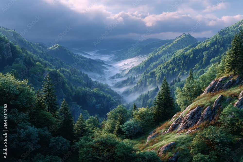 Fototapeta premium Misty Valley Forest Landscape at Sunrise with Lush Green Trees and Rocky Outcrops