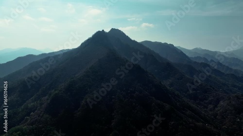 Majestic Mountain Peaks Under Cloudy Sky — Worak Mountain, national park, spring, South Korea, 충주호, 충남, 한국, 월악산