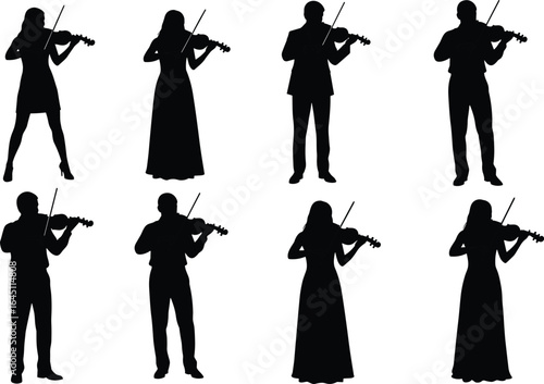Silhouette of violinists playing violin, classical music performance, orchestra concert, musical instrument, artistic expression, musician pose, isolated background, elegant performance