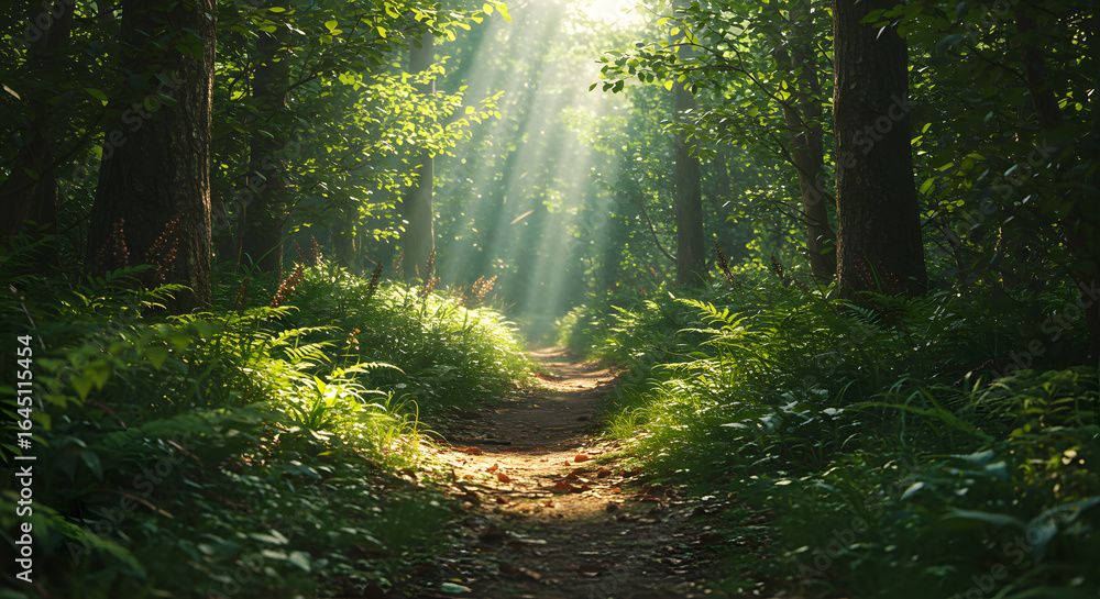 Fototapeta Pathway to the Light: A sunlit path winds through a vibrant forest, bathed in the ethereal glow of sunbeams. Capturing the beauty and serenity of nature's embrace.