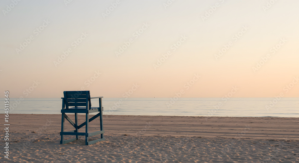 Empty Beach Watch: A lonely lifeguard chair sits vigilantly on the sandy shore, offering a scenic view of the tranquil ocean under the calming skies. Empty Beach Watch: A lonely lifeguard chair sits vigilantly on the sandy shore, offering a scenic view of the tranquil ocean under the calming skies.