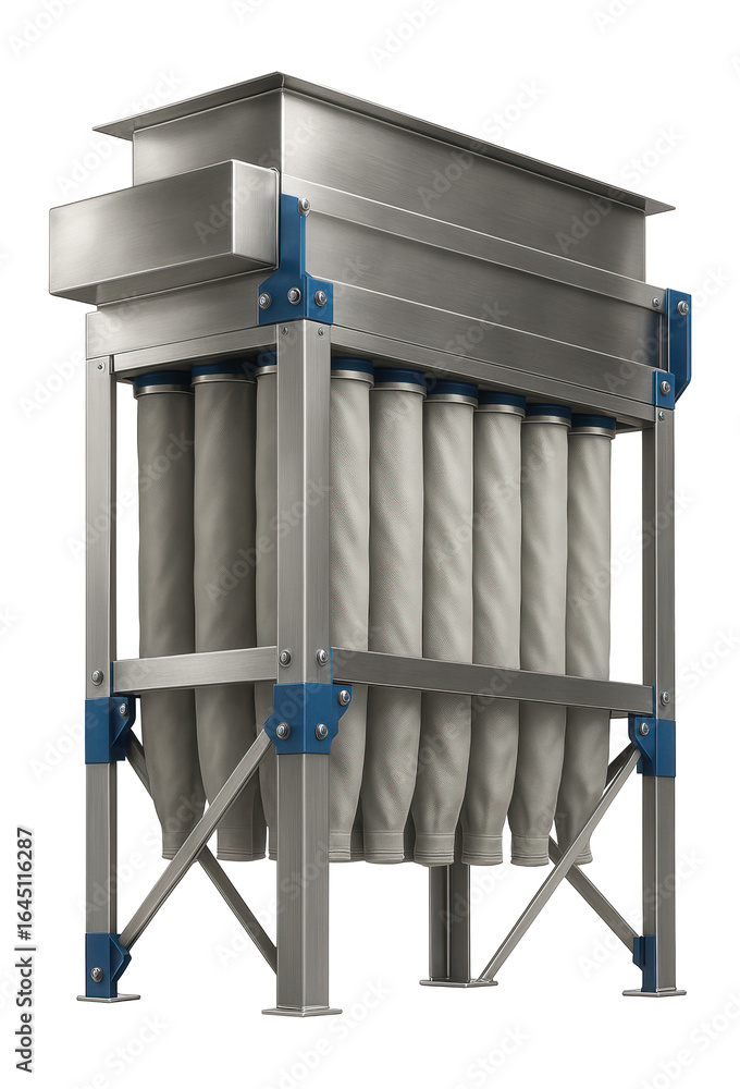 Fototapeta premium Baghouse dust collector with multiple fabric filter bags and an external steel frame for a cement manufacturing plant