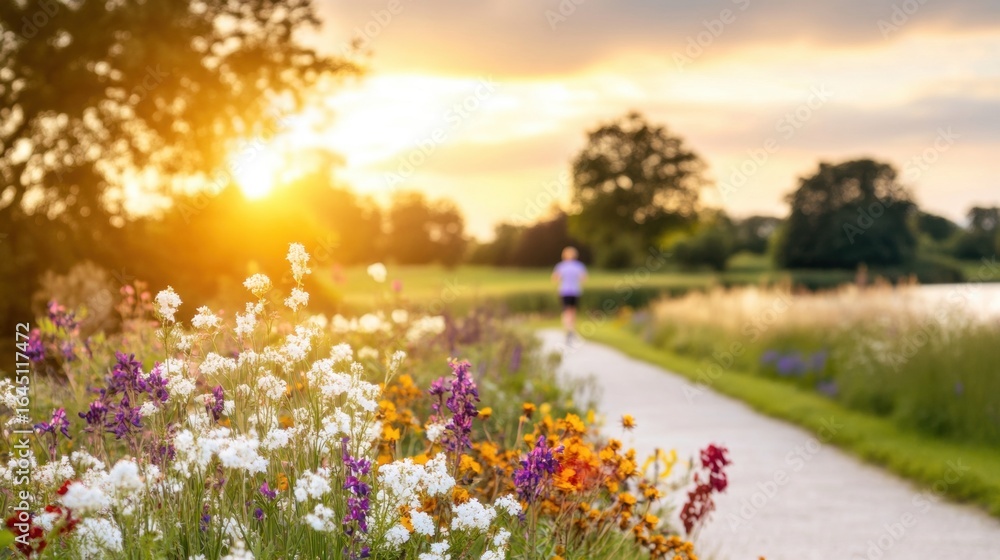 Obraz premium Jogging along a scenic path with blooming flowers at sunset