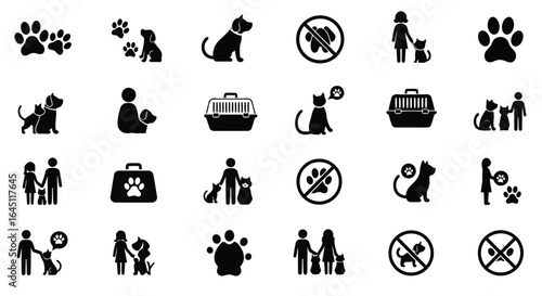 Collection of pet care and veterinary icons silhouette isolated on white background
