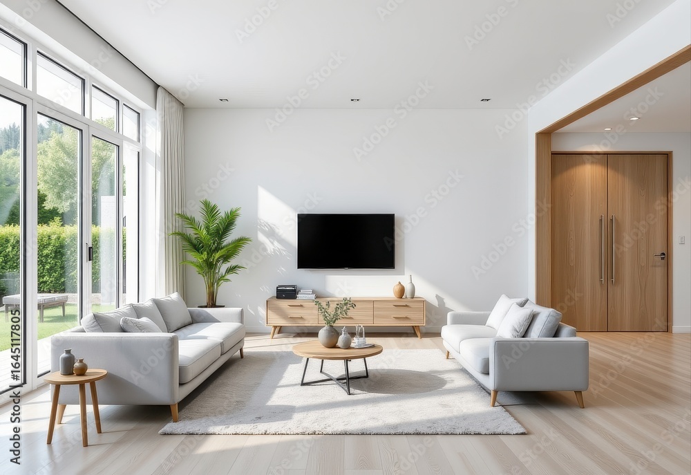 Fototapeta premium minimal modern living room with white base walls accented by light gray furniture soft daylight streaming through large windows clean lines and uncluttered layout focusing on airy bright neutral found