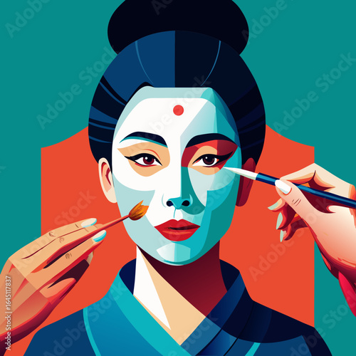 Woman with hair bun applying bright facial mask with makeup brush.
