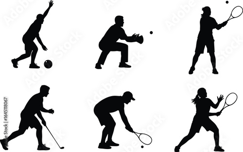 Sports silhouette set, tennis players vector, baseball catcher graphic, bowling illustration, golf swing pose, squash game icon, athletic activity artwork