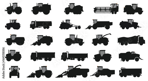 Collection of agricultural vehicle silhouettes isolated on white background