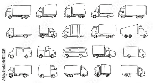 Collection of hand drawn truck silhouettes isolated on white background