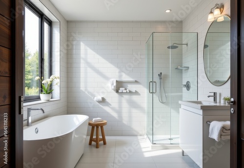 Wallpaper Mural contemporary bathroom with white base tiles light gray accents glass shower clean lines bright daylight creating calm neutral modern style interior with elegant minimal foundation Torontodigital.ca