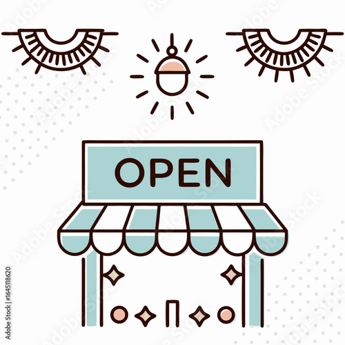 Open sign with shopfront and decorative elements in minimal style, Black Friday  