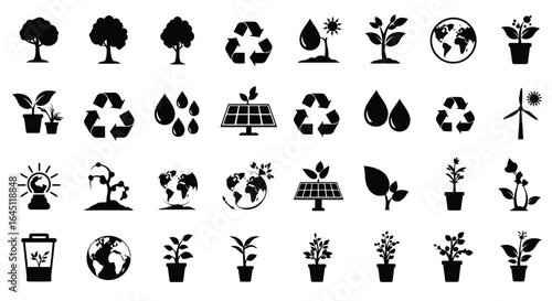 Collection of ecology and nature icons silhouette isolated on white background