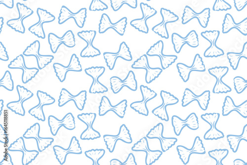 Italian Farfalle pasta, seamless pattern. Hand-drawn sketch in the style of engraving. Traditions of Italian cuisine. For menu design, packaging, etc. Vector drawing isolated on a white background.