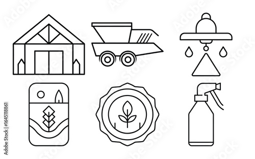 Set of agricultural icons including a greenhouse, combine harvester, irrigation system, fertilizer, and organic seal, isolated on white background